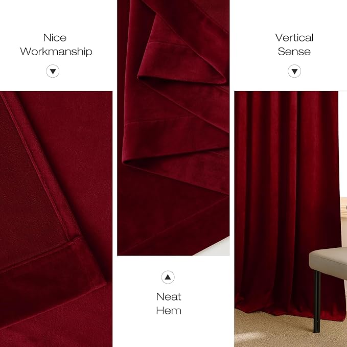 NICETOWN 90 inch Long Red Velvet Textured Thermal Curtains Draperies