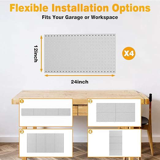 Pegboard Smith Metal Pegboard Panels 12" x 24", 4 Pack Grey Wall Mounted Tool
