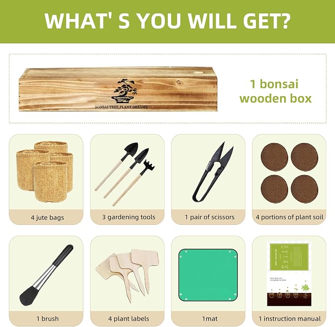 Premium Bonsai Kit,Complete Bonsai Starter Kit with Wooden Gift Box,repotting mat, Burlap Pots & Gardening Tools, DIY Bonsai Plant Set for Adults & Beginners (Seeds Excluded)Birthday Thanksgiving gift