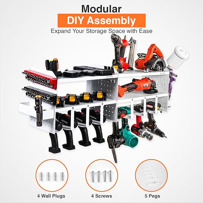Power Tool Organizer Wall Mount - 3 Layer Heavy Duty - Cordless Tool Organizer, 4 Drill Hanger, Modular Battery Tool Organizer Wall Mount - Garage/Workshop Storage Peg Board Utility Rack