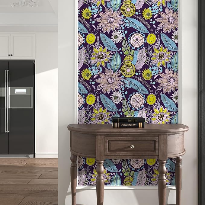 Purple Boho Wallpaper Peel and Stick, Vintage Yellow Floral Contact Paper 17.5"