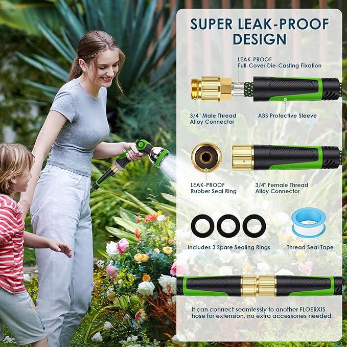 Non-Expandable Garden Hose 150 FT, Lightweight Hose with 10 Function Spray Nozzle, Kink-Free Flexible Water Hose, Durable, Leak-Proof, 360° Swivel Connectors, Portable Storage Strap