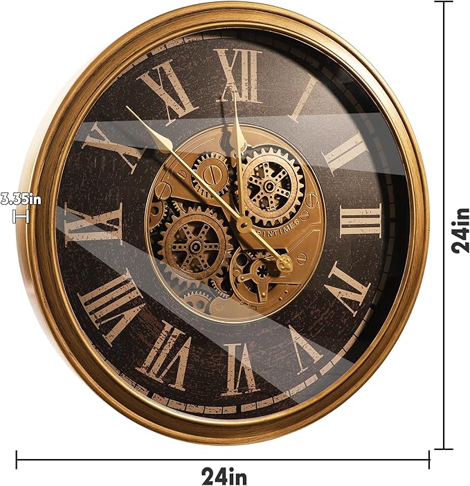 October Elf Large Real Moving Gears Wall Clock 24 Inch Vintage Industrial