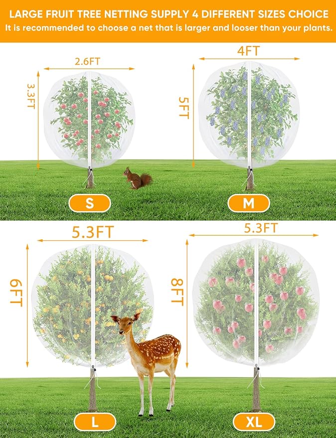 VITI Fruit Tree Netting for Cicadas - with 4Pcs 5Ftx5Ft Zipper&Drawstring Protection for Your Fruit Trees Garden Bird Netting Covers Blueberry Bush Tomato Bug Plant Protection Cherry Apple Tree