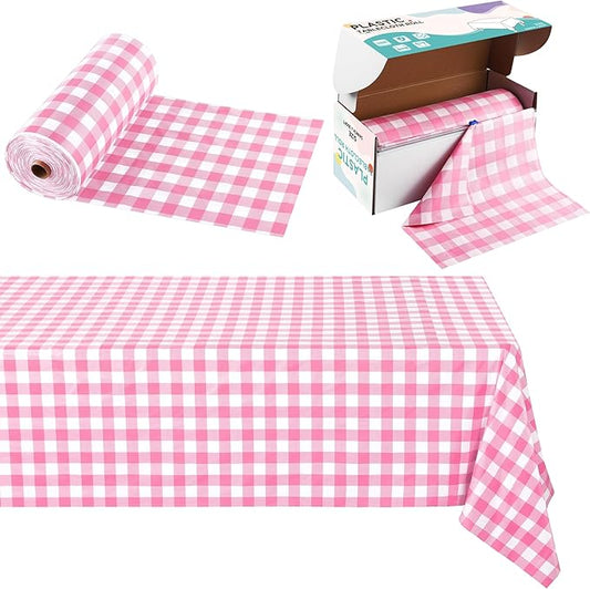 Kochorie 54 Inch x 300 Ft Light Pink Checkered Plastic Table Cloth Roll