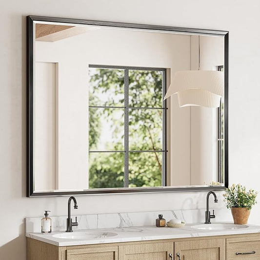 48 x 36 Black Framed Mirror for Bathroom, Beveled Black Bathroom Vanity Mirror