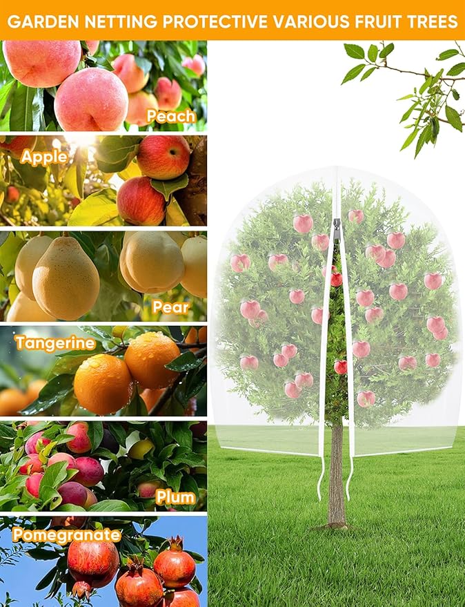 VITI Fruit Tree Netting for Cicadas - with 4Pcs 3.3Ftx3.3Ft Zipper&Drawstring Protection for Your Fruit Trees Garden Bird Netting Covers Blueberry Bush Tomato Bug Plant Protection Cherry Apple Tree