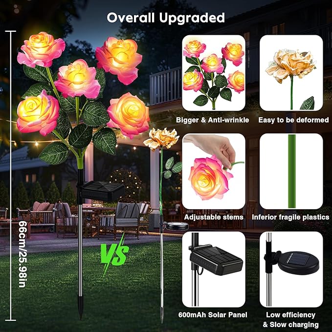 10 Pack Solar Flowers Lights Outdoor Waterproof for Garden Decor, Solar Garden Lights for Outside, Outdoor Solar Lights for Yard with Solar Rose Lights, Yard Decorations