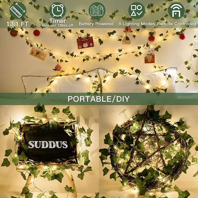 suddus Vine with Fairy Lights Battery Operated, 13.1ft 40 LED Ivy String Light