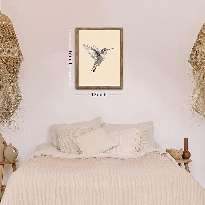 Vintage Framed Wall Art, Birds Canvas Prints, Hummingbird Sketch Painting