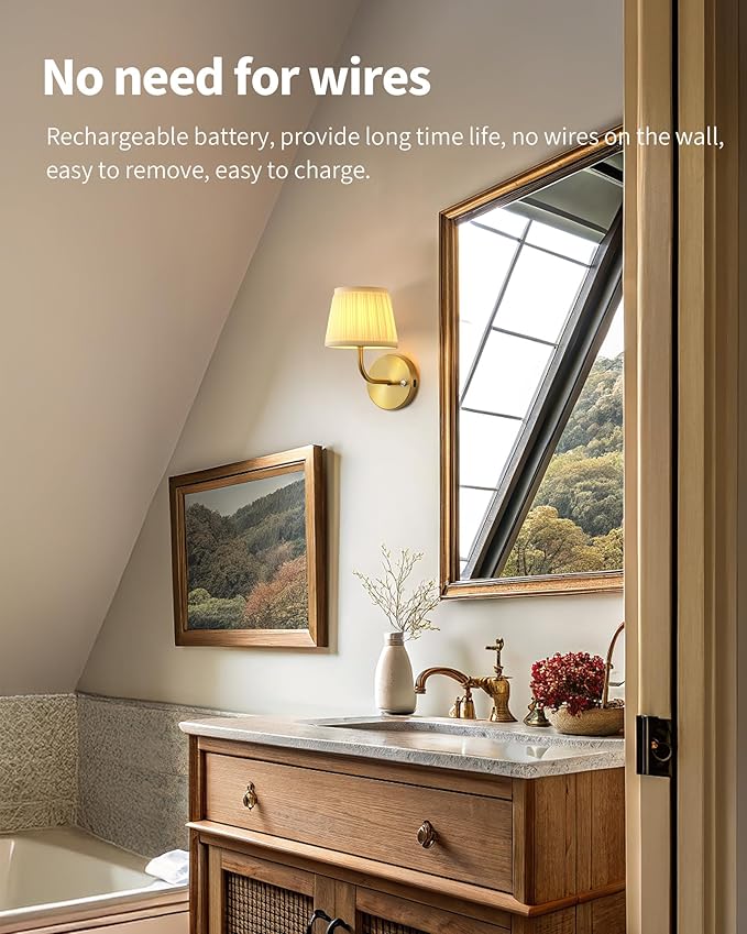 PUSU LED Cordless Gold H9.6 inch Small Wall Sconces Set of 2, Rechargeable
