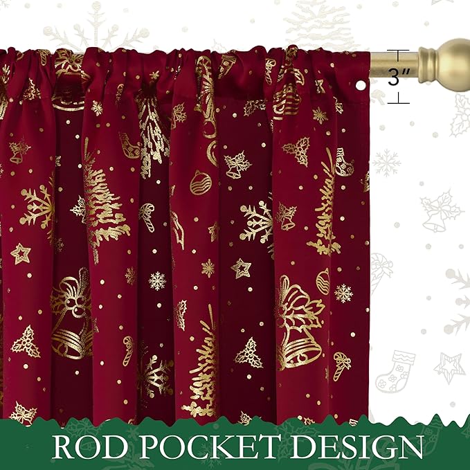 NICETOWN 2 Panels Red Christmas Curtains W42 x L63 in, Rod Pocket Gold Stamping