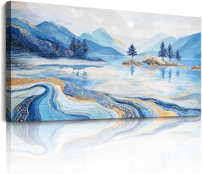 SERIMINO Landscape Wall Art, Large Abstract Wall Art, Modern Art Wall Decor, Mountain Lake Canvas Prints, Blue and Gold Pictures for Living Room Bedroom Office Hallway House Decorations 24"x48"