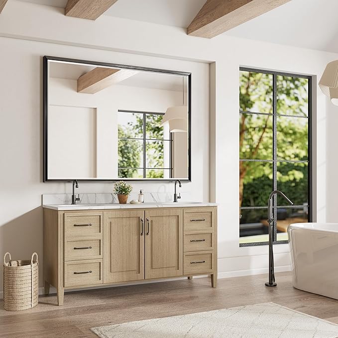 48 x 36 Black Framed Mirror for Bathroom, Beveled Black Bathroom Vanity Mirror