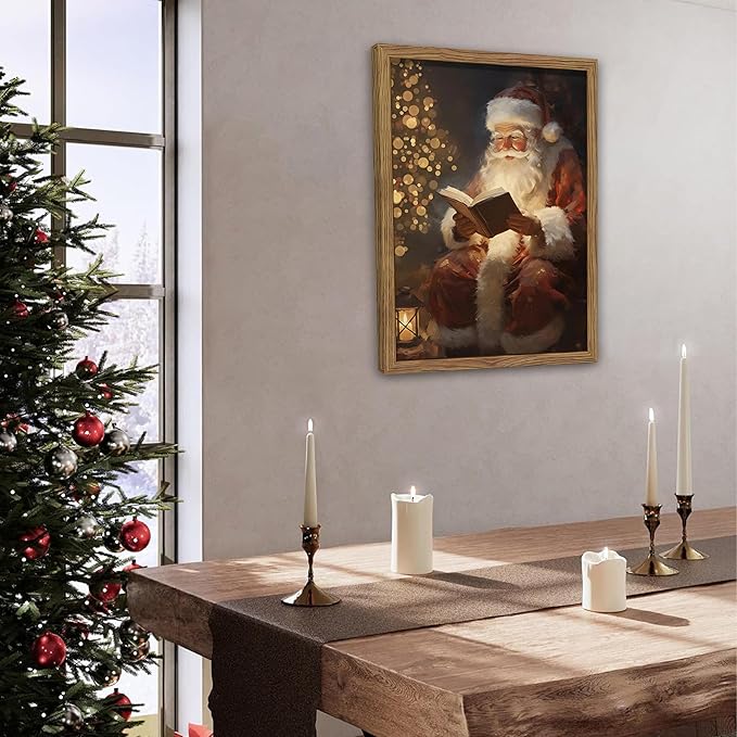 Framed Santa Christmas Wall Art, Vintage Santa Claus Reading Canvas Paintings