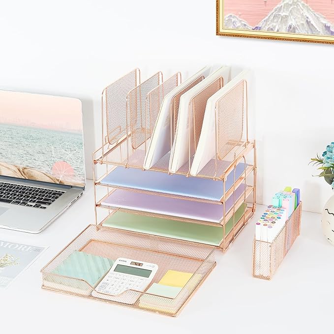 LEKETREE Desk Organizers and Accessories, 3-Tier Paper Organizer with 5 Vertical File Holders, File Organizer for Desk (Rose Gold With Drawer, 3T With Drawer)