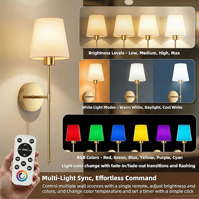 IRONPAX Wall Sconces Battery Operated Set of 2, Wireless Rechargeable Wall