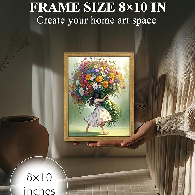 Wood Framed Pink Wildflower Canvas Wall Art, Girl Hugging Flowers Poster Prints