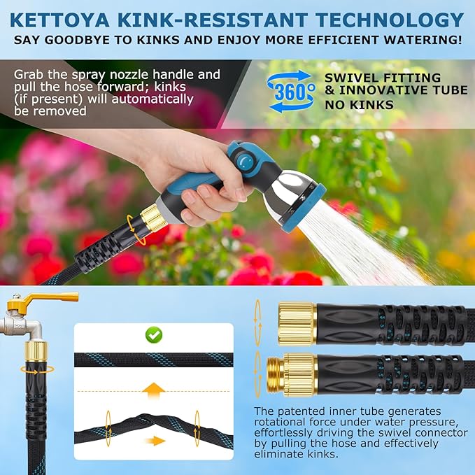 Non-Expanding Garden Hose 75 ft, Kink Free Flexible Water Hose with 10-Pattern Spray Nozzle, Lightweight Hose Pipe, Leak Proof, 3/4" Swivel Connectors, Super Fabric, Portable Storage Strap