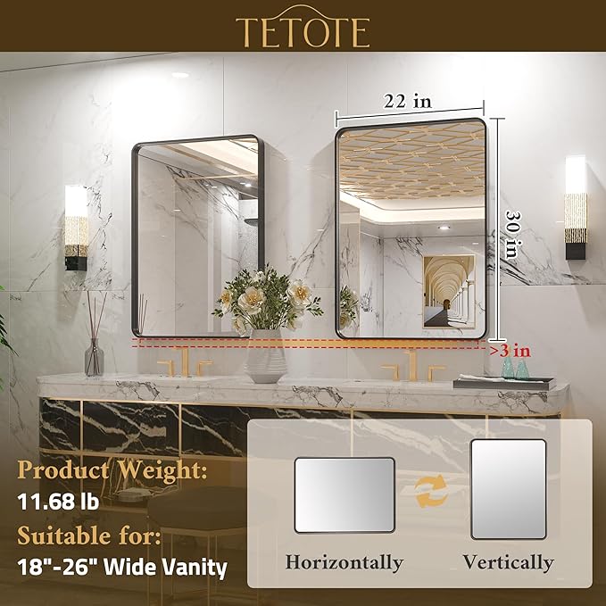 TETOTE Black Framed Mirrors for Bathroom, 2 Inch Thick Frame 22 x 30 Inch