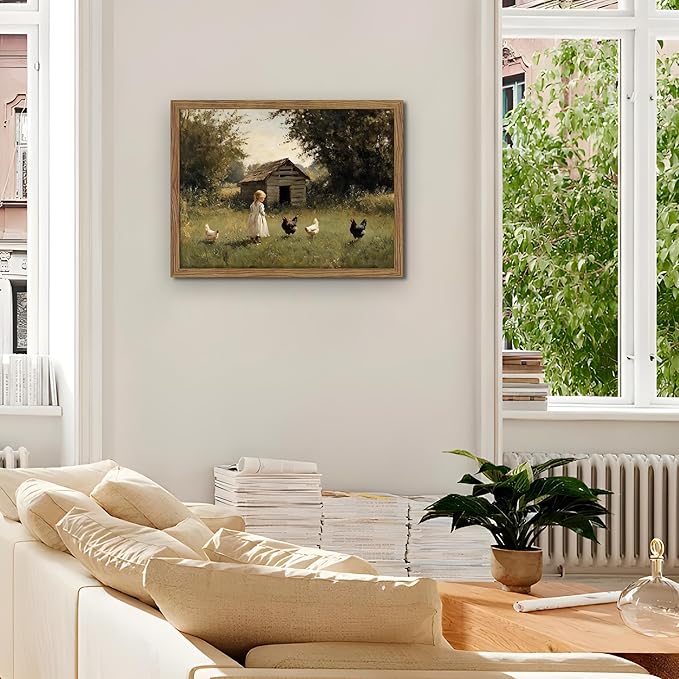 Vintage Country Framed Wall Art, Little Girl and Chick Canvas Prints, Rustic