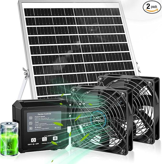 Solar-Powered Exhaust Fan with Battery & Smart Sensing â 25W Solar Panel, 2 * 4.7" Fans, 3 Modes, IP65 Waterproof | Ideal for Chicken Coop, Dog House, Shed, Greenhouse, Outside