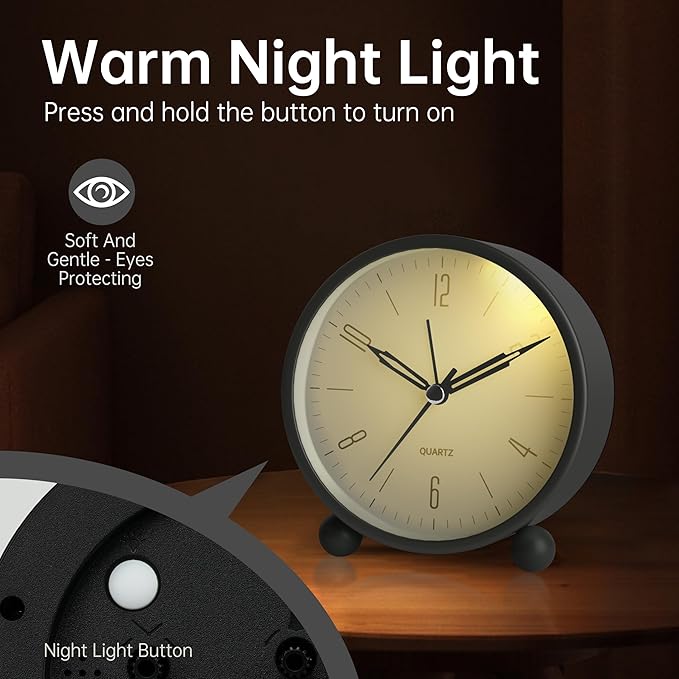 Analog Alarm Clock, 4 inch Super Silent Non Ticking Small Clock with Night Light, Battery Operated, Simple Design, Old Fashioned Style Black Decor, for Bedroom, Bedside, Desk, Adult, Kid, Gift, Black