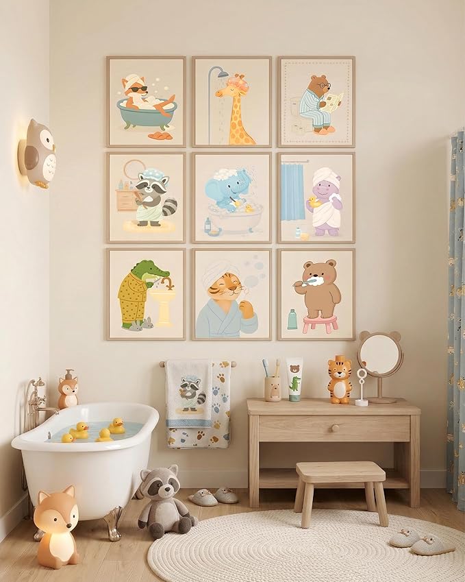 tgguytiy Kids Bathroom Wall Art Set of 9 Cute Animal Bathroom Decor