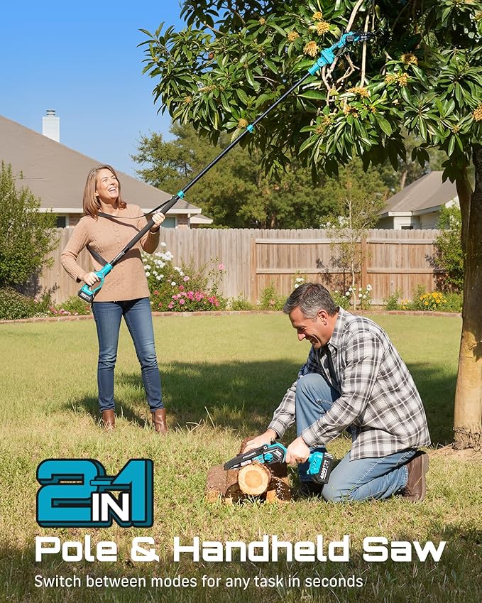SEESII 2-in-1 Electric Pole Saws: Brushless Mini Chainsaw Cordless 6 Inch, 2 x 4000mAh Batteries, Pole Saw for Tree Trimming,Hand held Small Chain Saw with Extension Pole for Tree Limb Branch Cutter