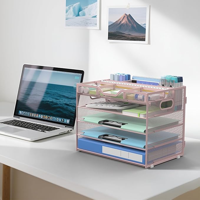 Docnest 5 Tier Mesh Desk Organizer- Letter Tray with Adjustable Compartments, Mesh Desktop Storage Built in Pen Holder and Handles, Desk Organizer Tray for Mail Documents Office Supplies–Pink