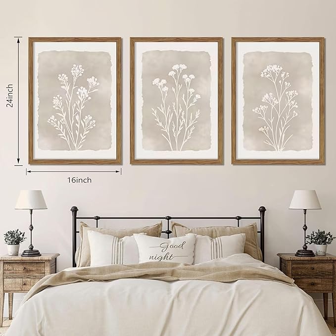 Framed Boho Botanical Flower Wall Art Set of 3, Vintage Minimalist Neutral