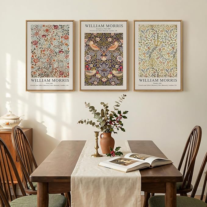 Large Framed William Morris Wall Art Set of 3, Vintage Strawberry Thief Canvas