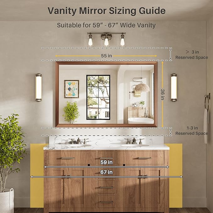 55x36 Inch Bathroom Mirror for Wall, Anti-Rust Walnut Wood Grain Metal Framed
