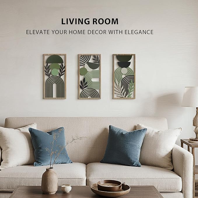 VIYYIEA Boho Solid Wood Carved Wall Art Set of 3, Geometric Minimalist Wooden