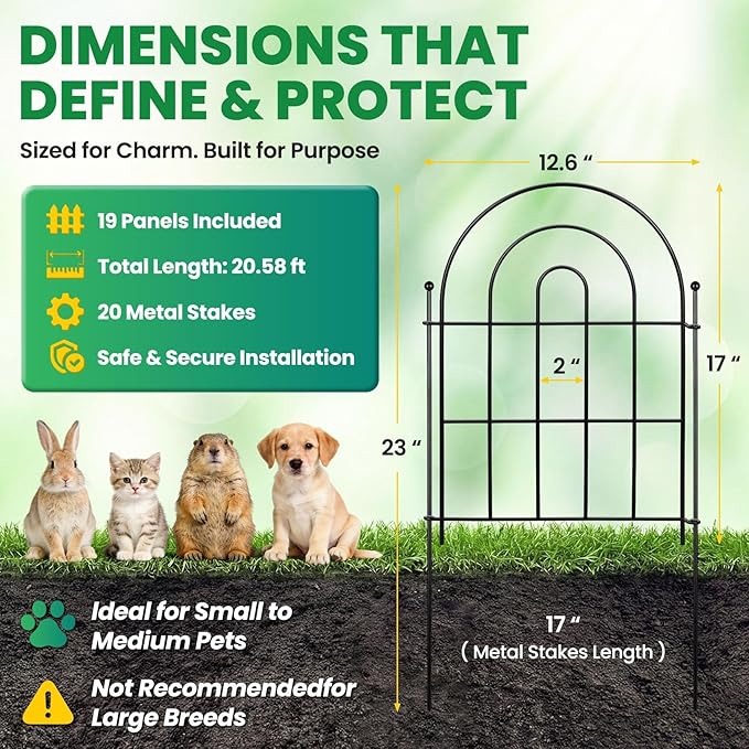 Garden Fence Panels – 20.58ft(L) x 17"（H）Arched Fencing with Tool-Free Install, Metal Fence Panels Rustproof Outdoor Barrier for Yard, Patio, Flower Beds, Dog Barrier, Decor Garden Edging
