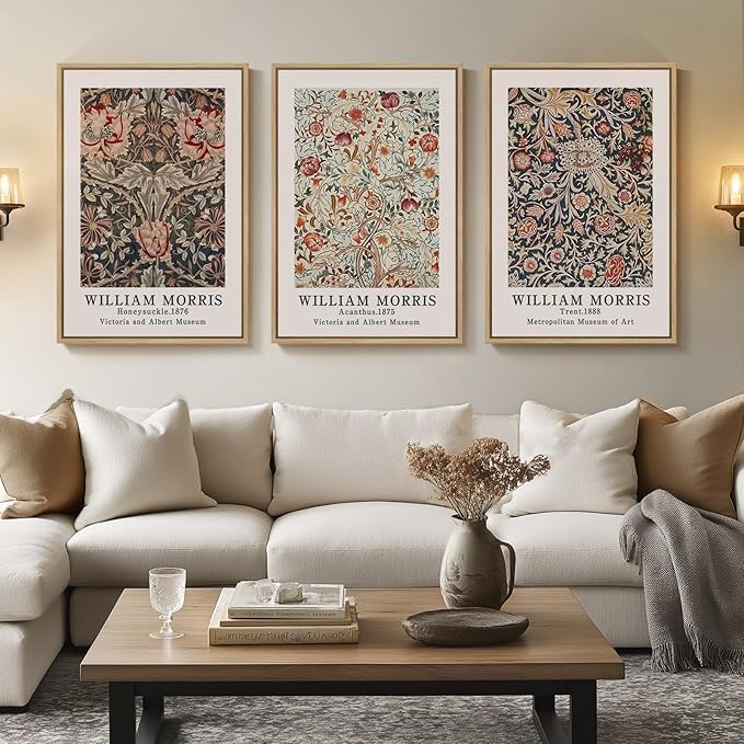 Framed Vintage William Morris Canvas Wall Art Set of 3, Large Retro Floral