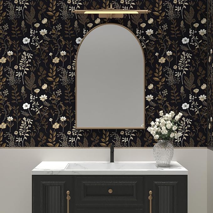 Vintage Dark Floral Wallpaper, Moody Black Leaf Botanical Removable Contact