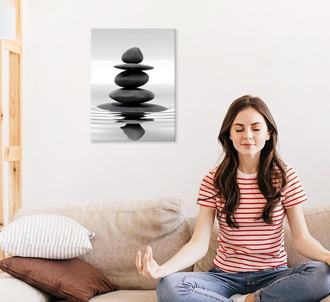 Zen Canvas Wall Art Black Stacked Stone Poster Print