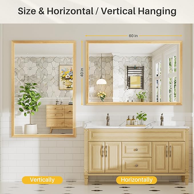 60x40 Inch Bathroom Mirror for Wall, Anti-Rust Oak Wood Grain Metal Framed
