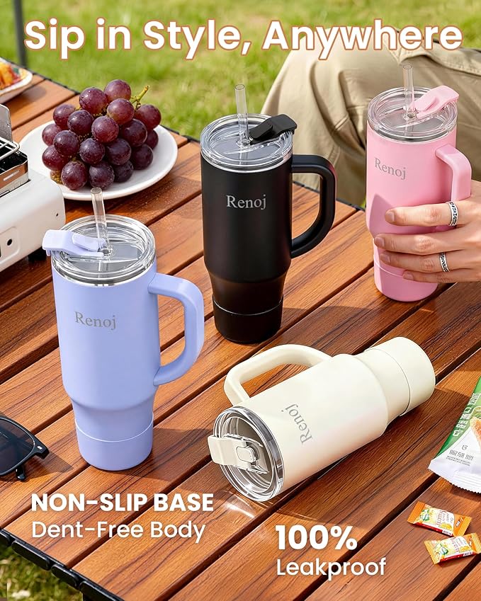 Renoj Tumbler with Handle 100% Leak Proof Insulated Water Bottle for Iced Coffee & Hot Drinks - Fits Car Cup Holder, Ideal Gift, 2 Straws & Silicone Boot BPA-Free - SnapShift White 32 oz