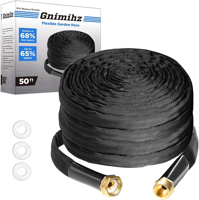 Garden Hose 50ft, Made of TPE(Not PVC), Ultra-Light & Flexible Water Hose with Solid Brass Fittings, Non-Shrinking, Easy to Storage, Drinking Water Safe Material, All-weather, Black, Newbox