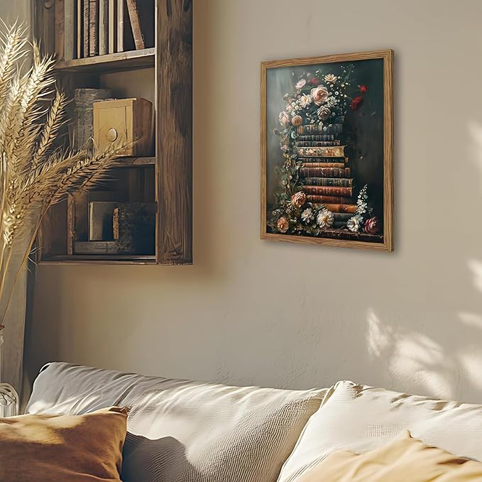 Vintage Framed Wall Art Flowers Books Canvas Prints, Dark Academia Wildflowers