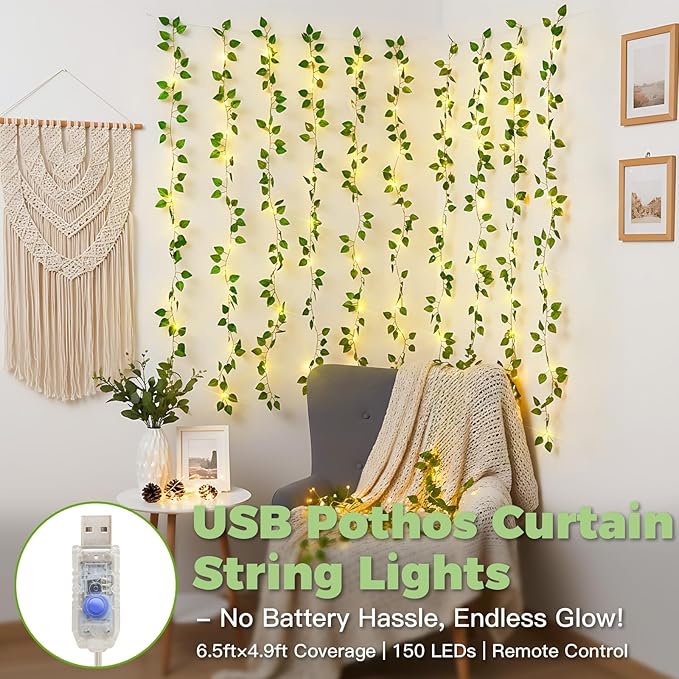 suddus Vines with Lights for Bedroom, 150 LED Fairy Lights with Vines, Pothos