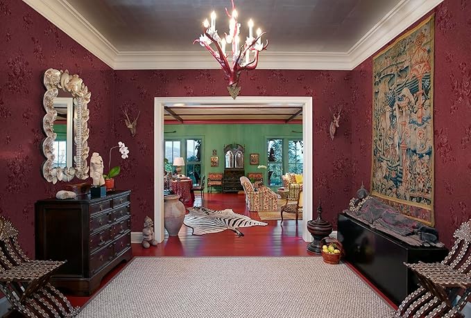 Erfoni 197"x17.7" Vintage Dark Red Wallpaper Thicken Floral Embossed Contact