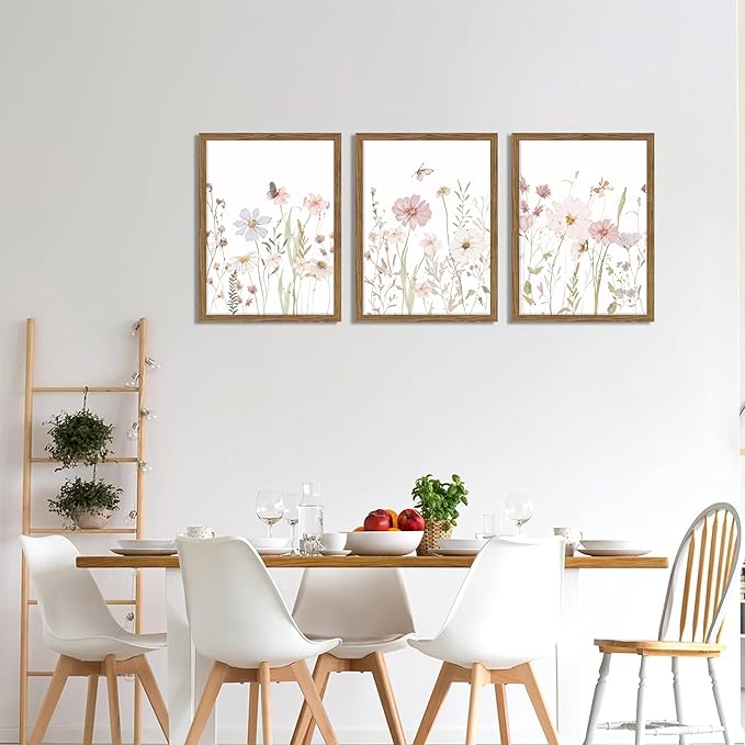 Framed Wildflower Wall Art Set of 3, Vintage Flower Botanical Paintings