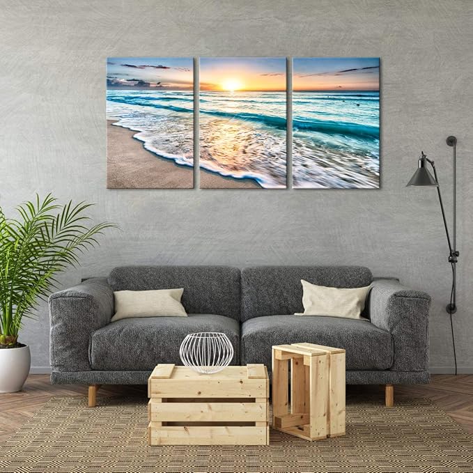Wieco Art 3 Panels Blue Beach Sunrise White Wave Pictures on Canvas Wall Art