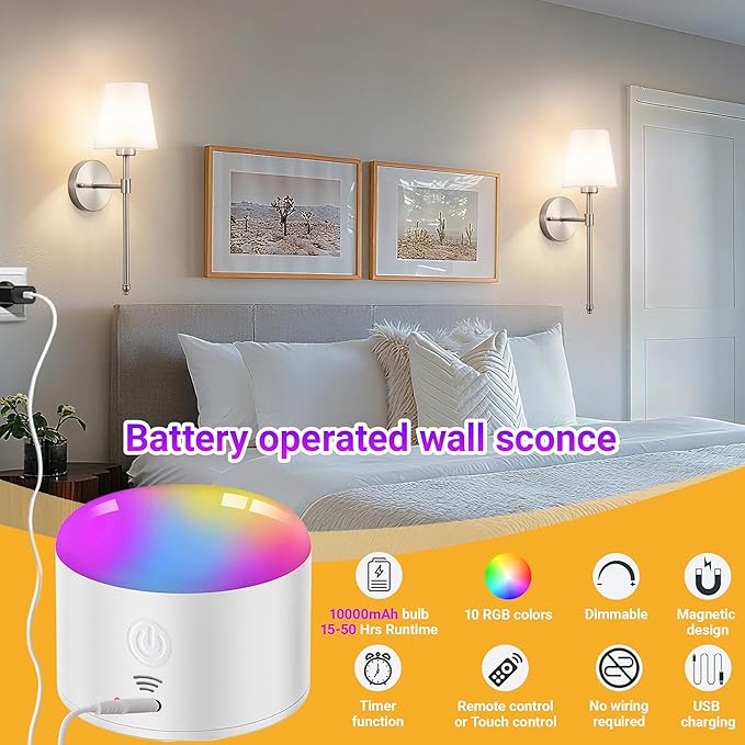 YHCDLAMP Battery Operated Wall Sconce Set of 2, Rechargeable Wall Sconce