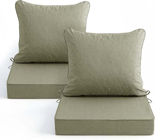Summsun Water Resistant Outdoor Chair Cushions, Faux Linen Backrest and Deep Seat Cushion Set with Ties, Removable Cover, Non-Slip Bottom for Patio Furniture, 22 x 22 Inch, Mocca Green, Set of 2