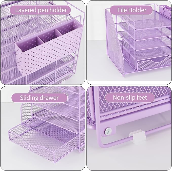 OUTIOE Desk Organizer with Drawer and Pen Holder, 5-Tier Paper Letter Tray Organizer with File Holder, Suitable for Workspace Organizer Office Supplies Storage (Purple)