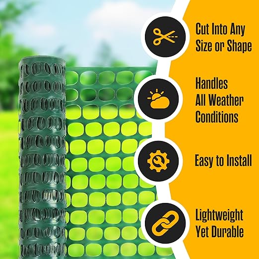 Houseables Fencing, Temporary Fence, Snow Fence, 4x100' Feet, 10.55 lb/roll, Green Plastic Fencing, Deer Netting, Plastic Mesh Roll, Safety Netting, Construction, Yard, Garden, Chicken, Dogs, Backyard